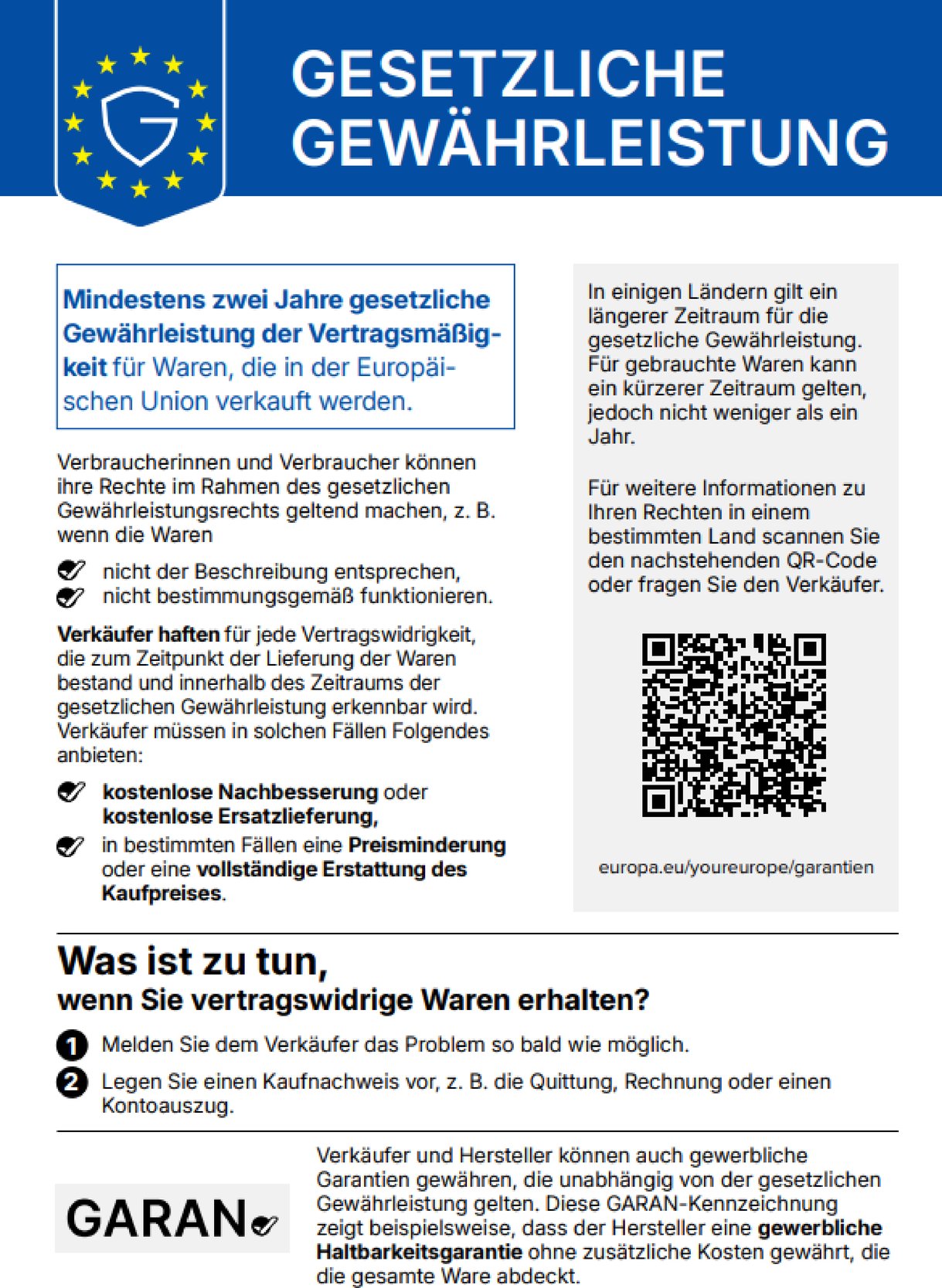 EU-Hinweis zu Ihren gesetzlichen Gewährleistungsrechten